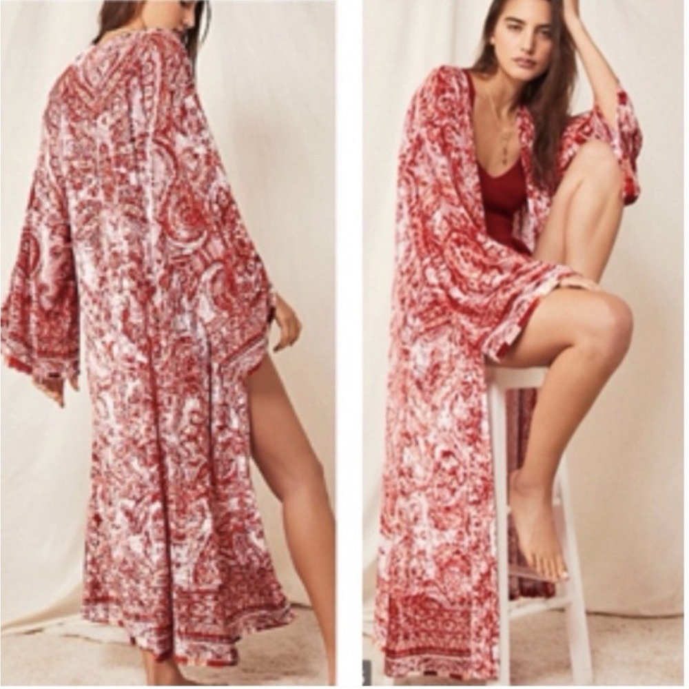 Free People Duster Long Kimono Devore Velvet Enchanted Boho Festival Robe Sz XS